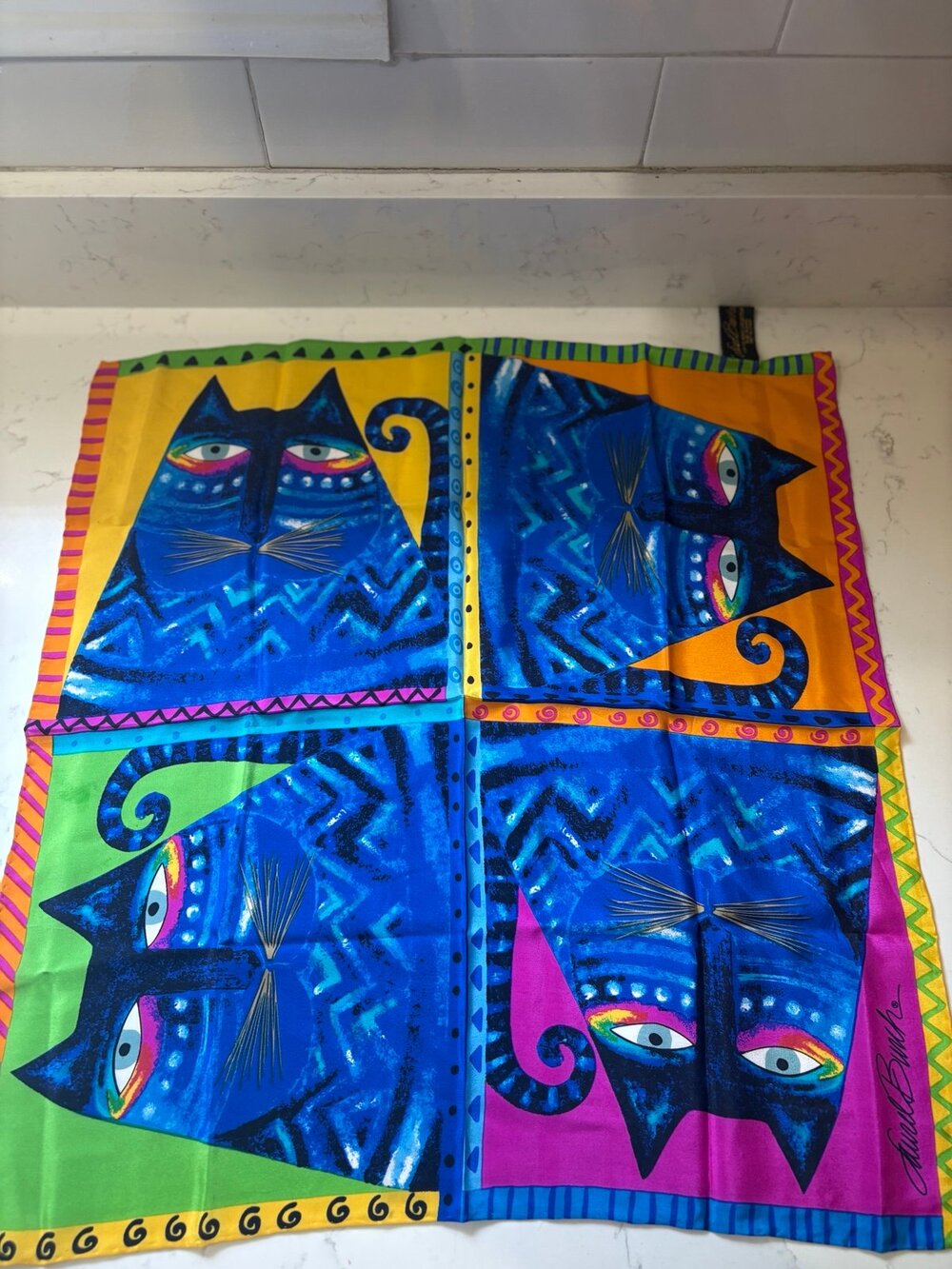 Vintage Laurel Burch Colorful Cat Small Square Silk Scarf